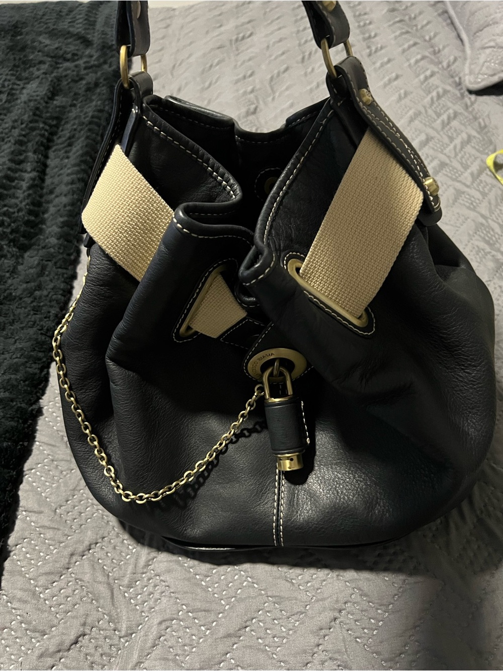 Francesco Biasia Black Leather Drawstring Shoulder Bag with Beige Trim